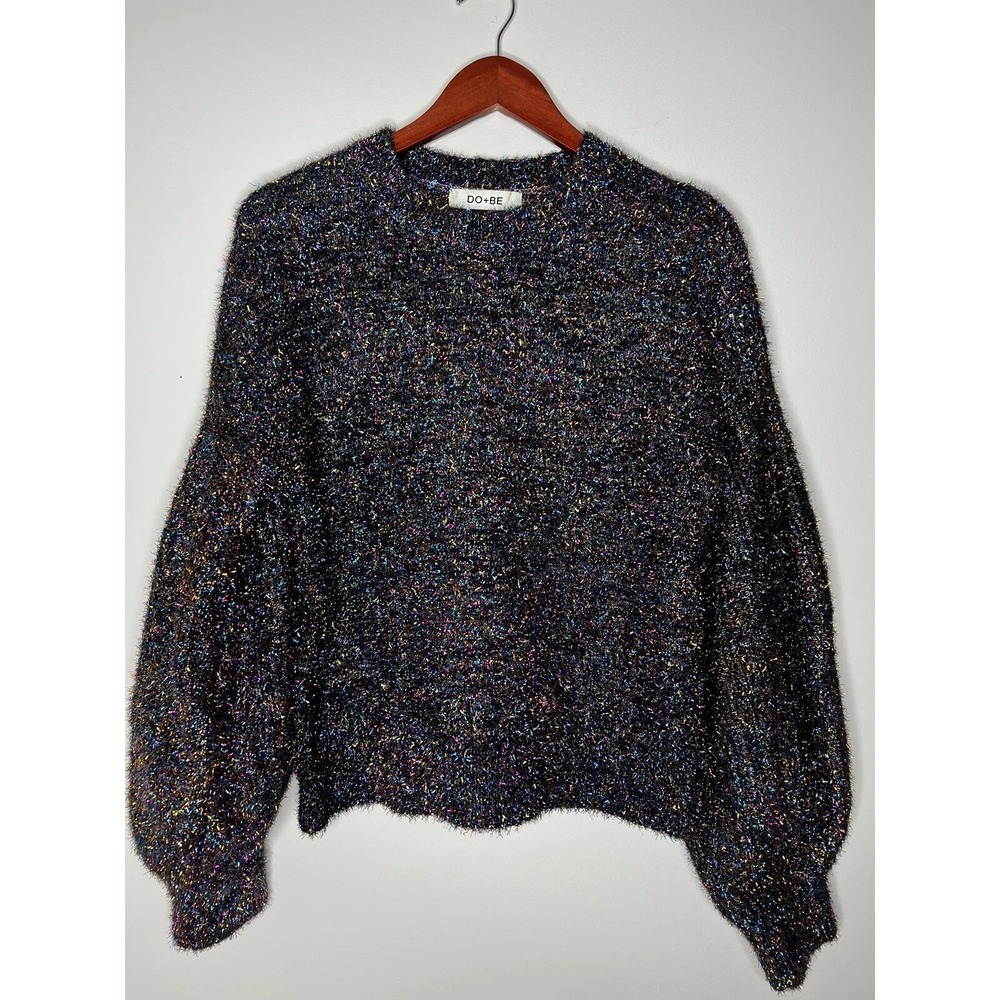 DO+BE Sweater Womens Small Black Multi Metallic Shimmer Eyelash Knit Disco Party